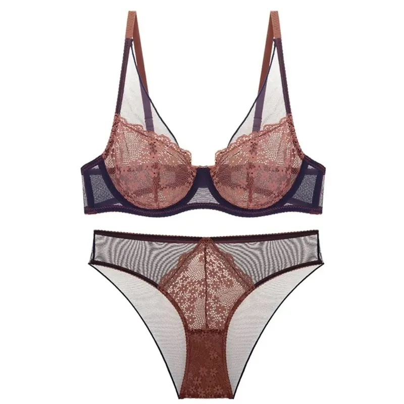 Sweet Mesh Lace Flower Bra Set Lingerie Underwear Push Up Bra Women Seamless Brassiere Mesh Bra Panties Kit Lady