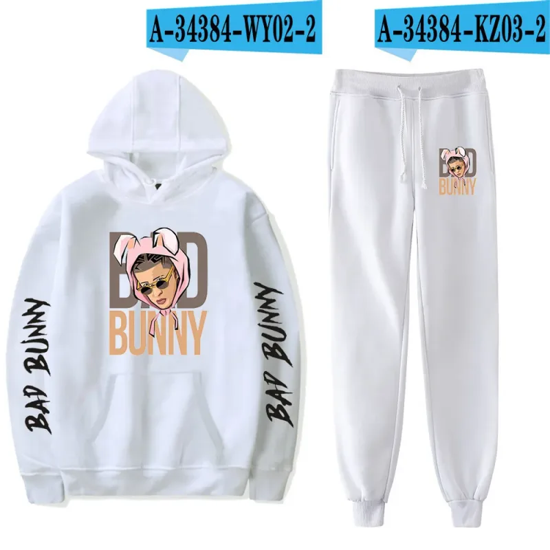 Harajuku Comfortable Funny bad bunny Print Sweatshirt Sweatpants Suit Men/Women Hoodies+ Trousers Suit Cute 2 Piece Set Clothes
