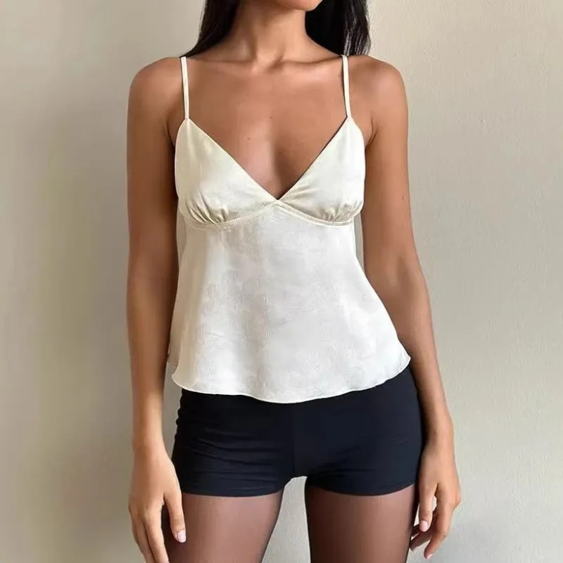 Women Satin Camisole Sexy Deep V Crop Top Fashion Streetwear Camis Summer Slim Casual Tank Top Sleeveless Backless Spaghetti Top