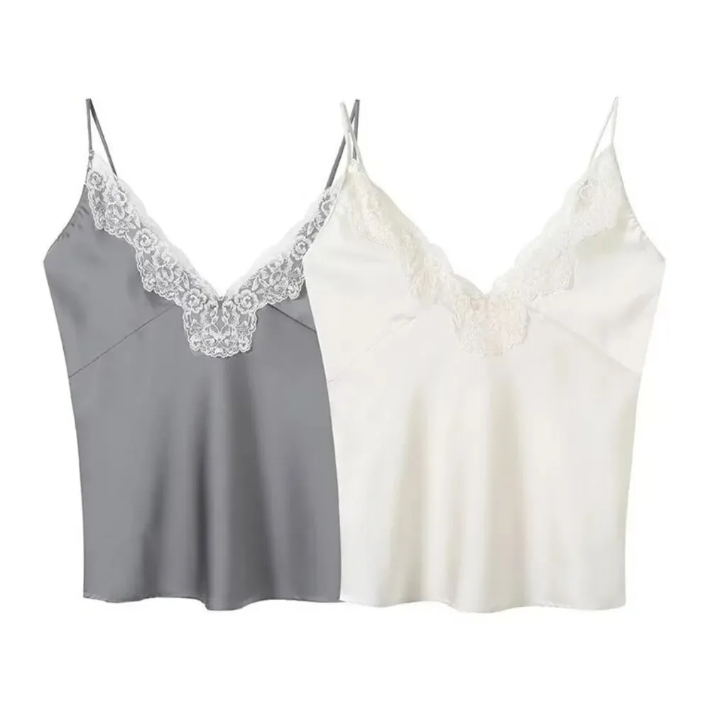 Casual Solid Color Lace Patchwork Tanks Spaghetti Strap Breathable Satin Camisole Sleeveless V-neck Tops Party Outfit