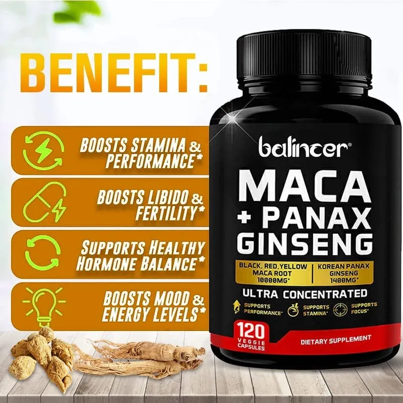 Maca & Ginseng Capsules 10000mg (Yellow+Red+Black) Extract Strength Endurance Muscle Mass Energy & Muscle Support