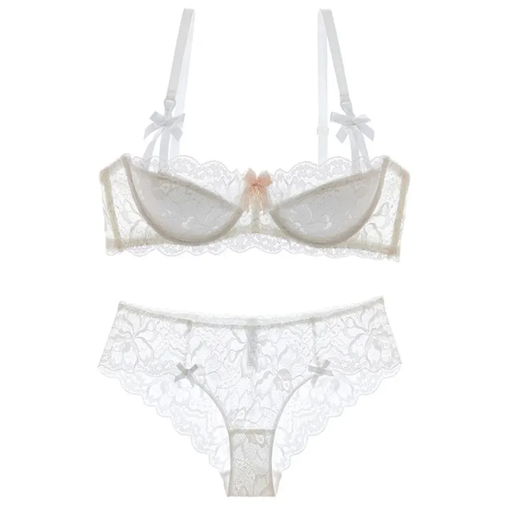 セクシー French Lace Half Cup Bra Set Bow Shoulder Strap Thin Large Bust Minimizer Pure Desire Lingerie For Teen Girls Daily Outfit