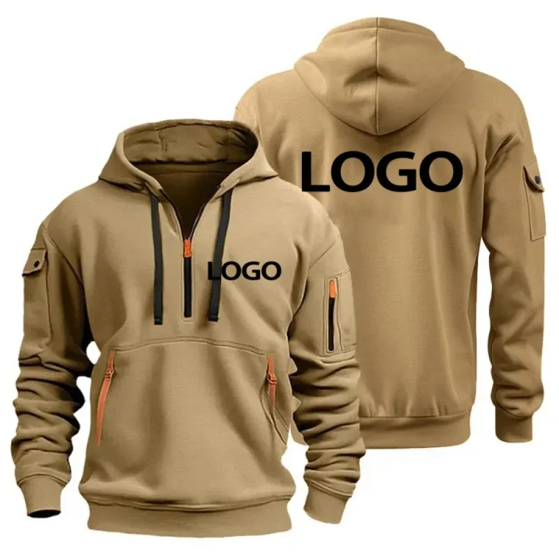 Neuer europäischer Herren-Sportpullover mit Reißverschluss und Armtaschen. Passen Sie Ihren Logo-Kapuzenpullover an und bedecken Sie ihn