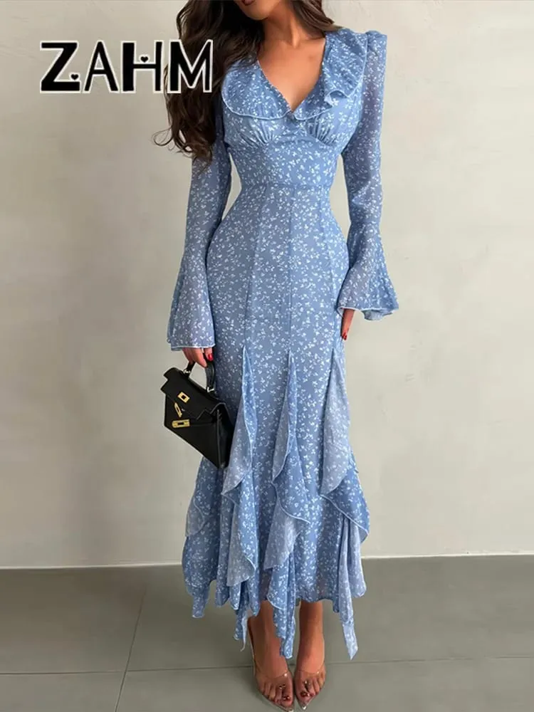 Chic Printed Women's Dress Ruffle Bell-Bottomed Sleeve V-Neck Slim Lady Long Dresses 2026 Spring Summer Female Vacation Robe New