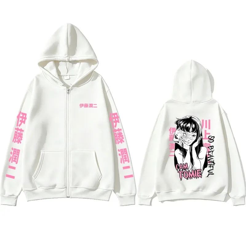 Anime Tomie Junji Ito Zipper Hoodie Men Women Vintage Manga Horror Gothic Zip Up Sweatshirts Men's Cosplay Retro Zip Up Jacket