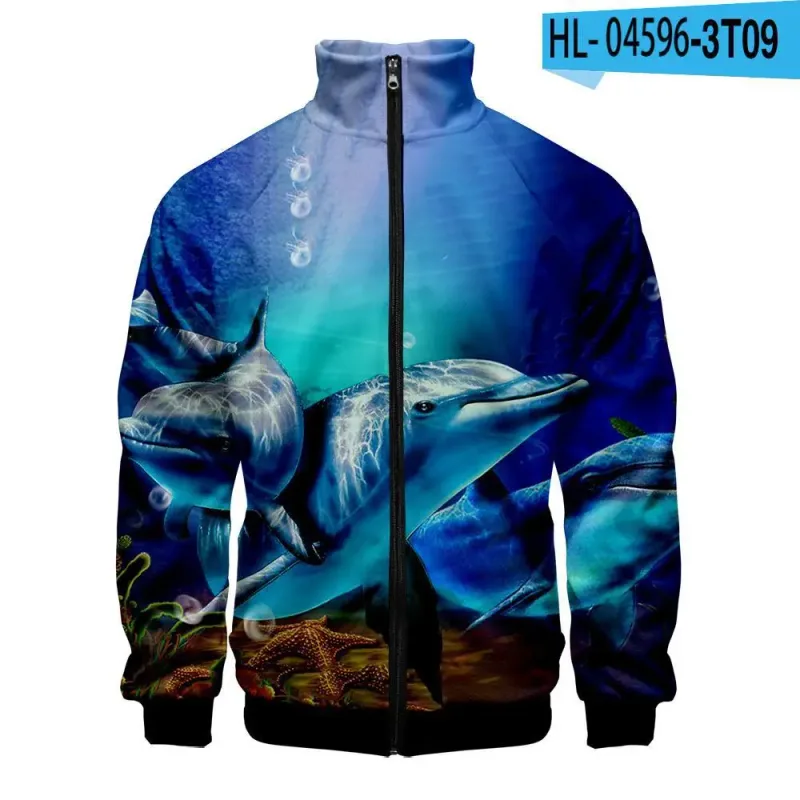 Harajuku Popular Novelty dolphin 3D Print Zipper Raglan Jacket Windbreaker Boys/Girls Comfortable Stand Collar Jackets Coats