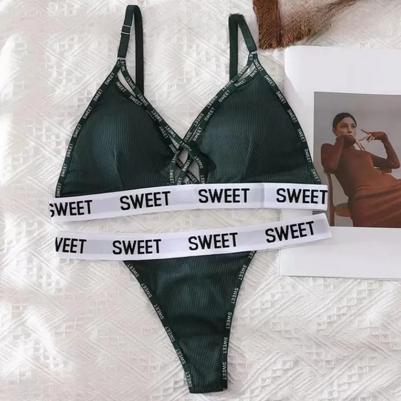 Women Padded Bra And Panties Set Front Cross Wireless Bra Low Rise G-string Female Letter Strap Underwear Sexy Lingerie Set