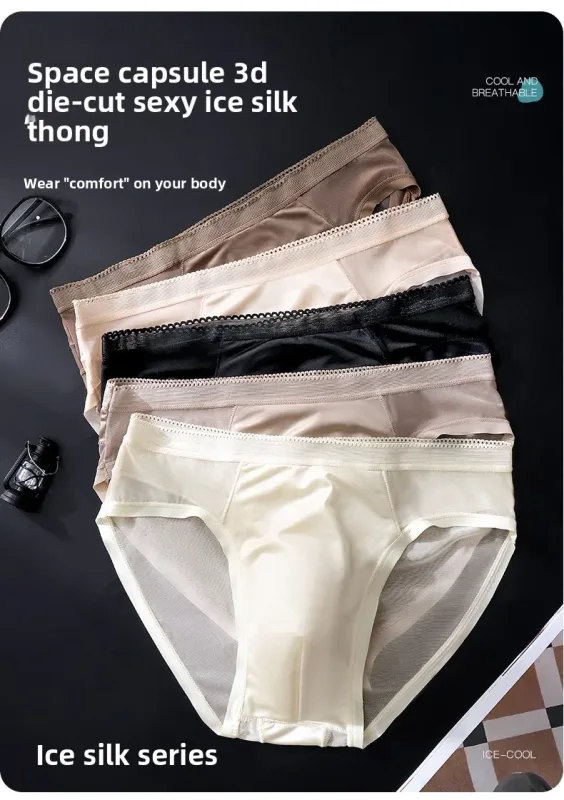 Male Glossy Silk Satin Briefs High Rise Lace Trim Ice Silk Underwear Soft Breathable U Pouch Men Panties