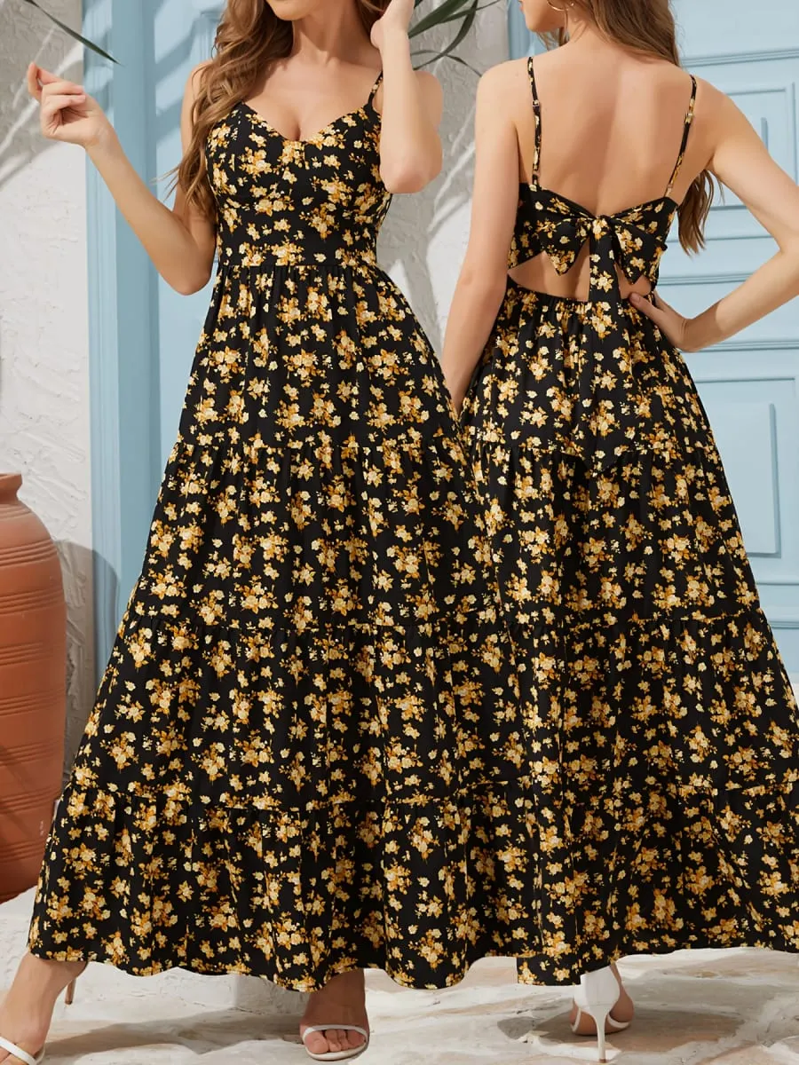 Women's V-neck Floral Print Camisole Dress—a sexy Backless Flowy Long Party Dress Featuring a Bow Detail. — image 4