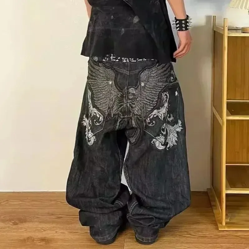 American Y2K Hip Hop Fashion Trend Skull Embroidery Spot Jeans Men Street Loose Straight Wide-leg Pants Couple Oversized Jeans