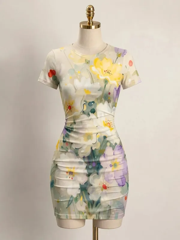Womens Short Sleeve Bodycon Mini Dress Slim Fit Crew Neck Floral Print Casual Summer Party Cute Casual Weekend Vacation Sundress