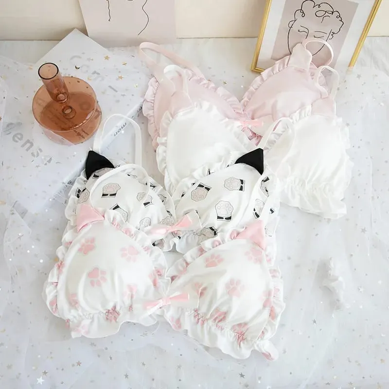 Japanese soft girl bra set cute kitten paw design milk silk fabric wire-free triangular cup women's lingerie — image 4
