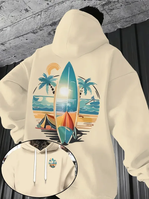 New Autumn/winter Men's Hooded Sweatshirt with Surfboard and Beach Print Loose Fit Stylish Street Style Comfortable Fit Hoodies