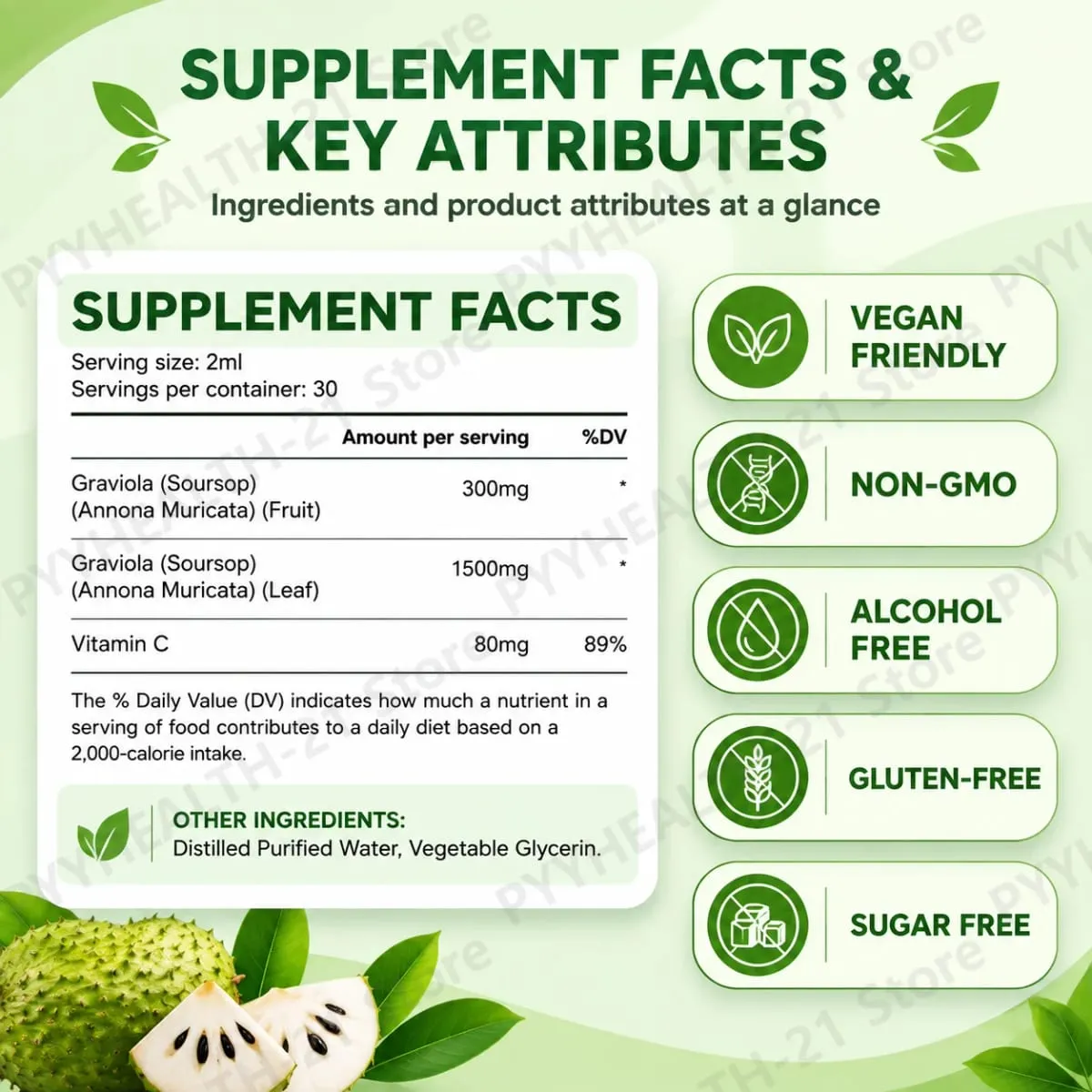 AcentiLabs Soursop Graviola flydende dråber C-vitamin understøtter fordøjelsessundhed Immunsystem Frie radikaler forsvar 60 ml til voksne