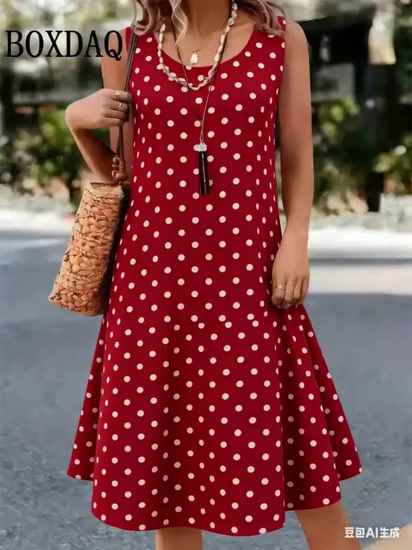Summer Hot Sale Polka Dot Sleeveless Dress Elegant Women's Fashion 3D Print Mini Dress Casual Round Neck Loose Women's Clothing