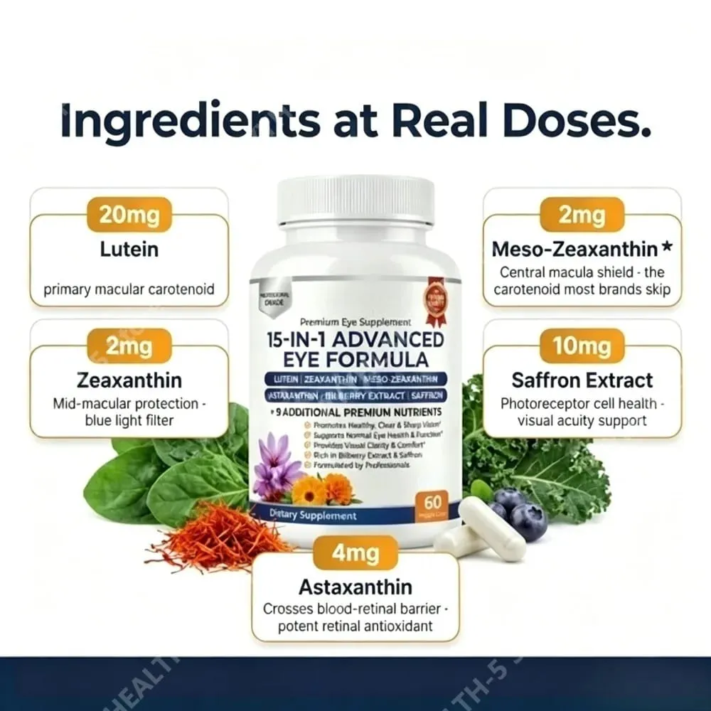Lutein Zeaxanthin Astaxanthin Capsules with Bilberry Saffron Daily Eye Nutrition Supplement for Adults 60 Veg Capsules