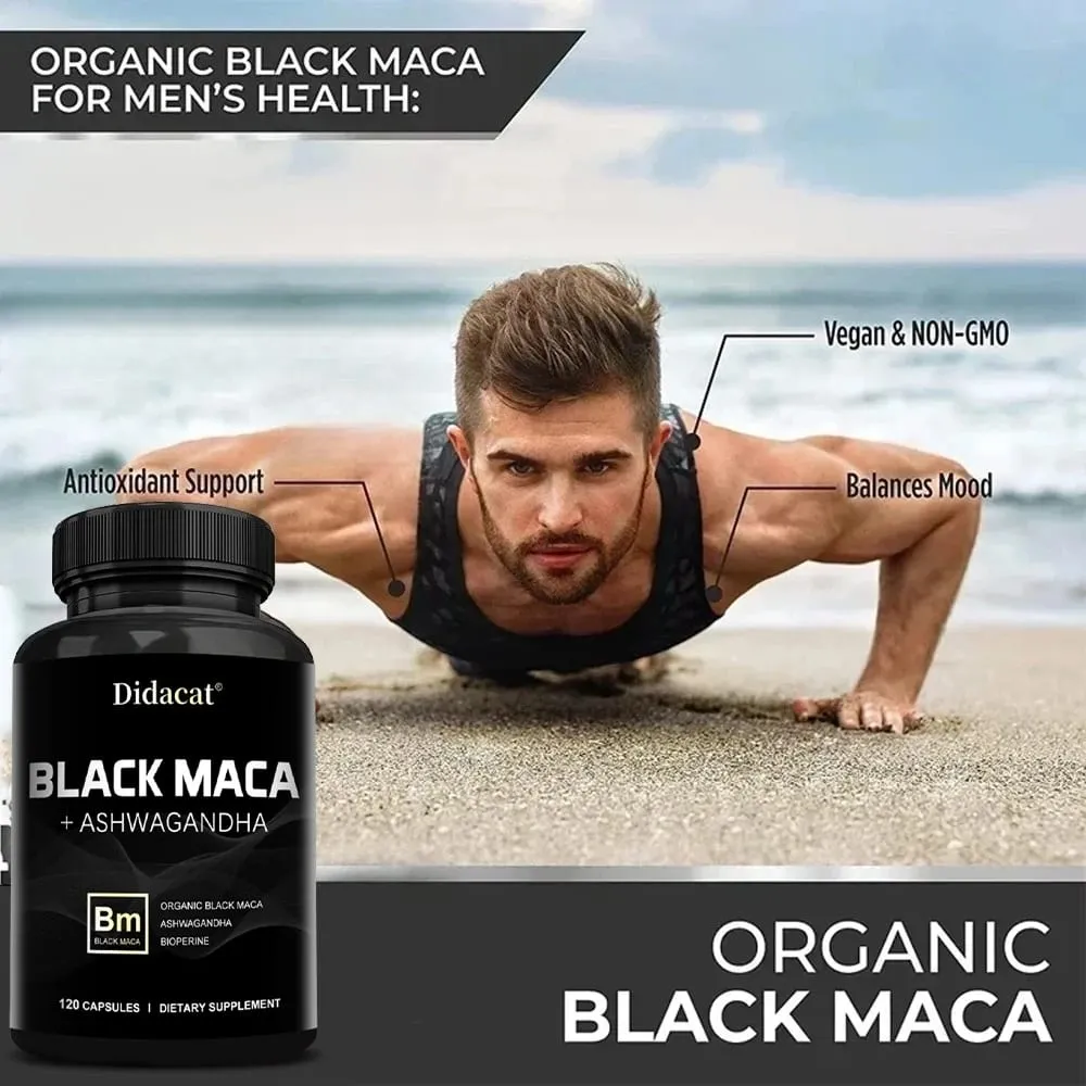 Organic Black Maca + Ashwagandha - High-concentration Black Maca Capsules for Men Supporting Strength Endurance and Vitality