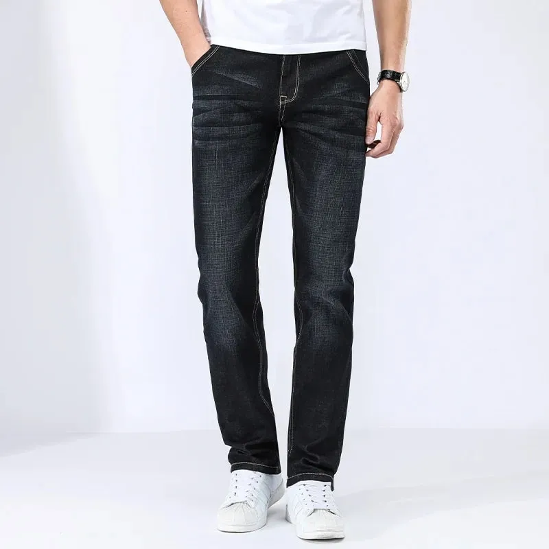 2026 clássico masculino calças de brim retas homme pantalon streetwear macio preto azul masculino denim mans calças