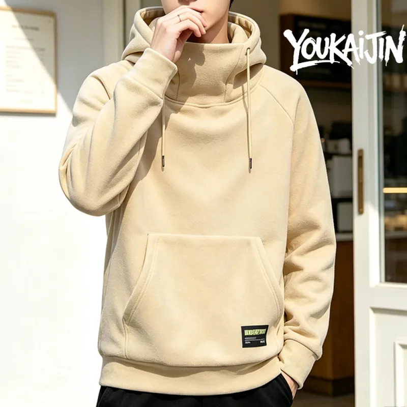 Men's Polar Fleece Sweatshirt Solid Color Street Style Autumn Winter Hood Sports Windproof Oversized High Collar Hoodie 5XL