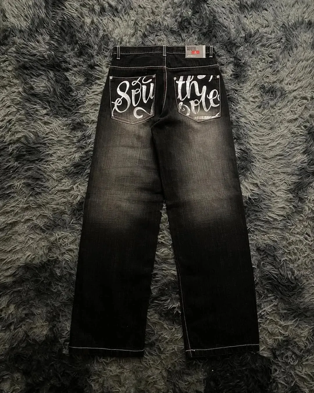 Y2K Vintage Baggy Jeans Men Orange Graffiti Print Wide Leg Skate Pants Retro 90s Hip Hop Streetwear Dark Denim Trousers