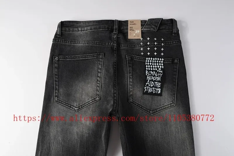 2026 New Arrival Men's Dark Grey Washed Slim Fit Skinny Jeans Ripped Stretch Denim Casual Pants Streetwear Trousers