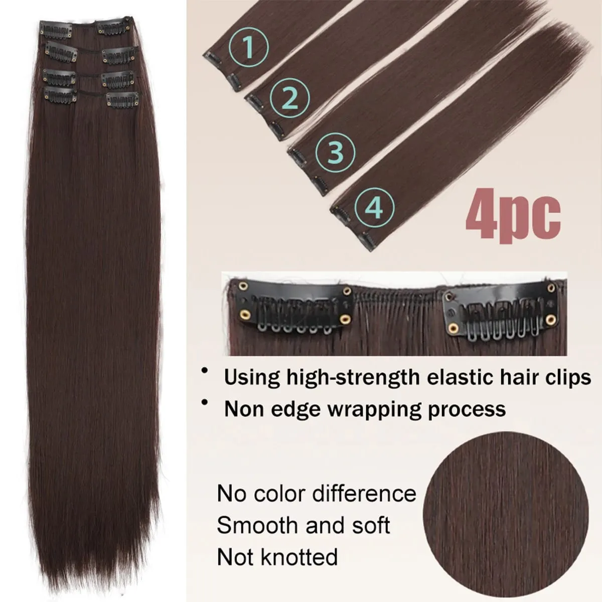4PCS synthetic hair extension piece long straight hair wig clip heat-resistant wig piece extension on a woman's hair