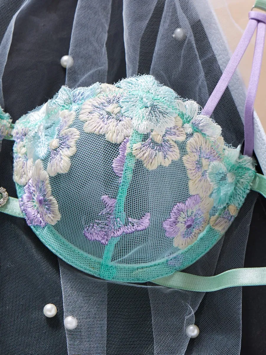 Women Sweet Flower Embroidered Lace Bra Set With Underwire Transparent Mesh Side Bow Panties Romantic Lingerie S-XL Sizes