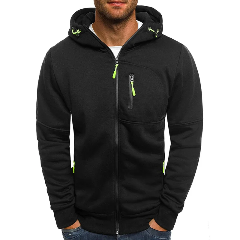 Men's Grey Hooded Sweatshirt Full Zipper Casual Sportswear with Pockets Orange Drawstring plus Size Available
