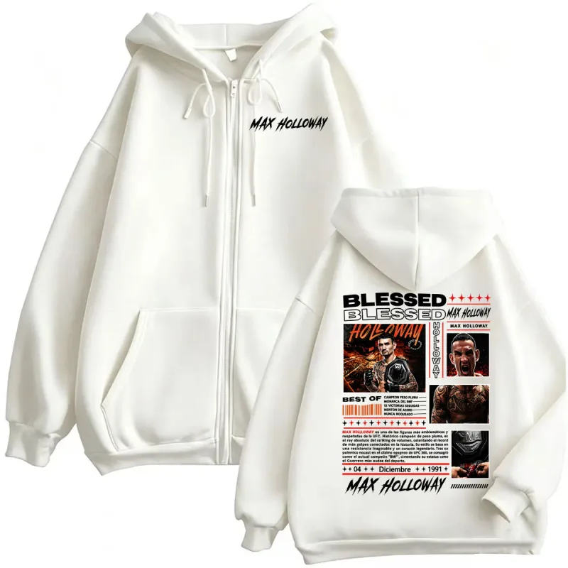 Max Holloway Blessed Retro Zip Up Hoodies Men's Harajuku Streetwear Sweatshirt Jacket Coats Bodywarmer Cozy Fleece Zipper Hoodie