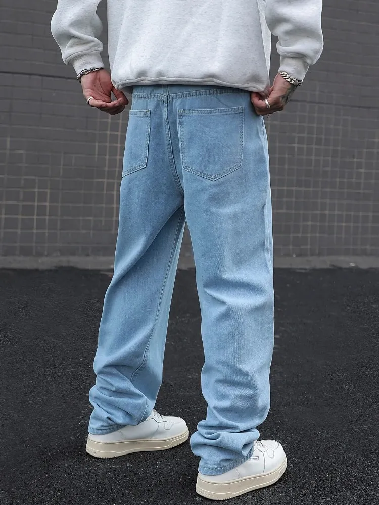 Novo algodão masculino baggy y2k jeans moda roupas masculinas cintura elástica lavada calças de perna larga sólida reta solta calças jeans