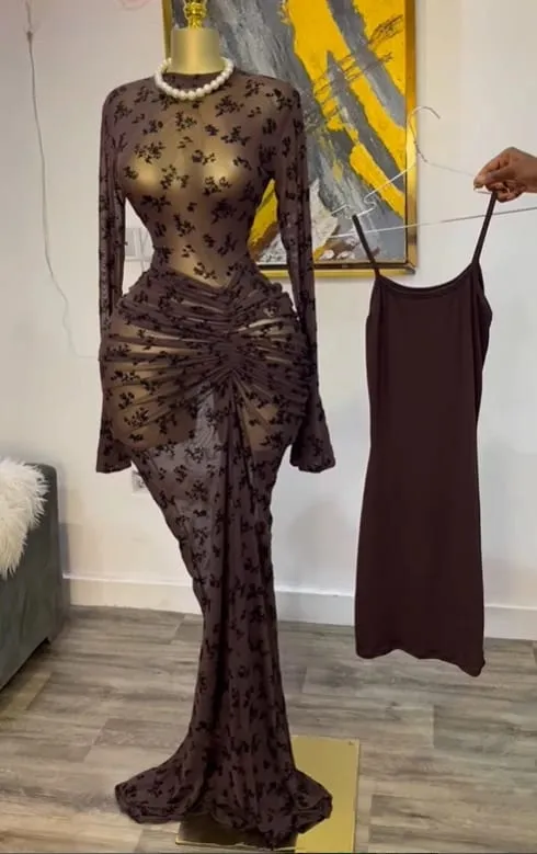 CM.YAYA Women Long Sleeve Stacked Mesh See Though with Lining Bodycon Long Dress 2025 Autumn Evening Birthday Sexy Party Dresses