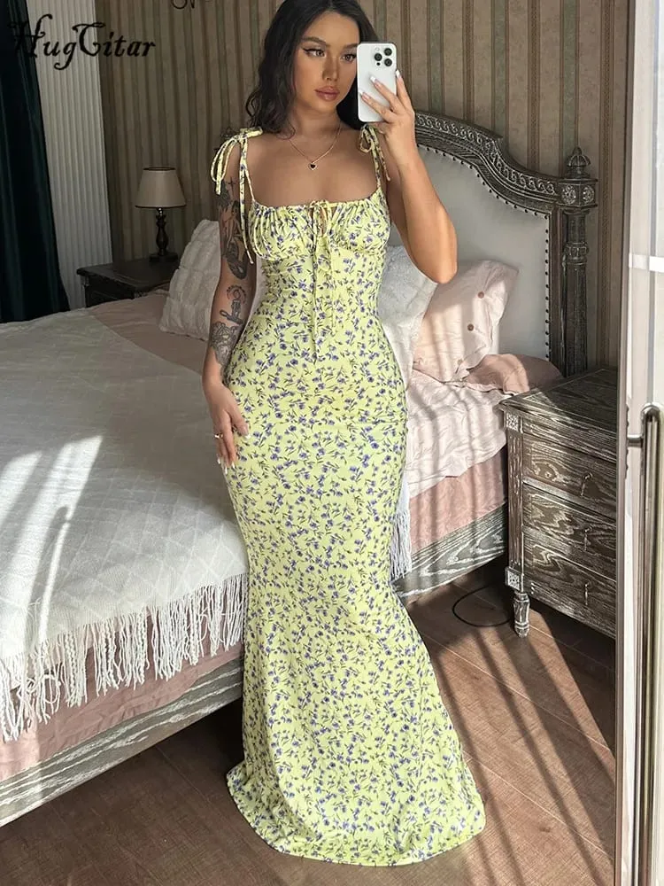 Hugcitar-Vestido largo sin mangas con estampado Floral, Espalda descubierta, con cordones, Sexy, ceñido al cuerpo, trajes elegantes para fiesta de vacaciones, venta al por mayor