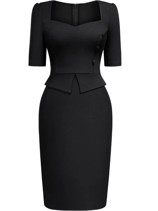 Womens Elegant SquareNeck Short Sleeve Work Office Knee Length Solid Business Casual Party Peplum Pencil Bodycon Sheath Dress — image 4