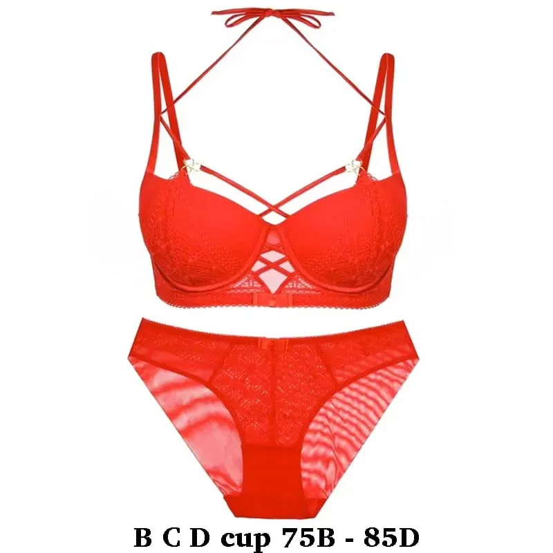 high quality sexy lace women bras and brief two piece set push up B C D cup wire summer lingerie underwear black white
