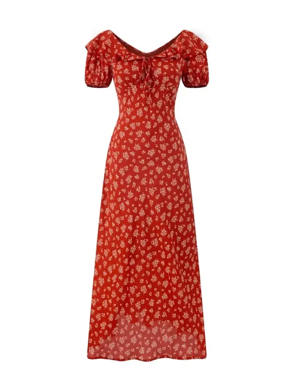Chu Sau beauty Damen Neue Mode Süße Polka Dot Print Chic Rüschen Midikleid Französisch V-Ausschnitt Puffärmel Vintage Partykleider