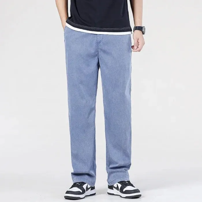 Summer New Baggy Jeans Men's Classic Thin Lyocell Fabric High Quality Straight Casual Pants Soft Denim Trousers Coffee Blue Gray