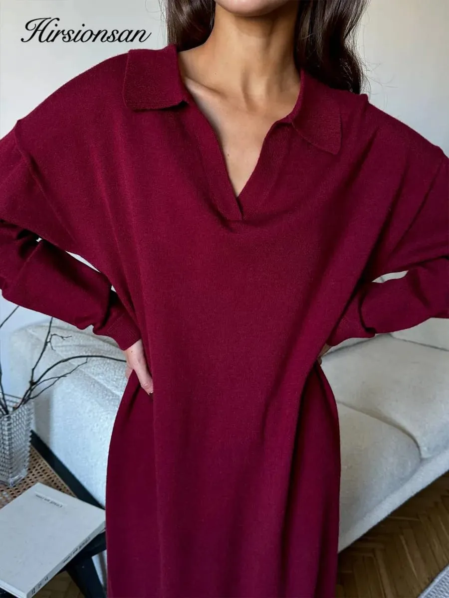 Hirsionsan Gaun Sweter Leher Polo Longgar Musim Gugur Musim Dingin Lengan Panjang Gaun Rajut Solid Elegan Lembut Wanita Pakaian Baru 2025 Wanita
