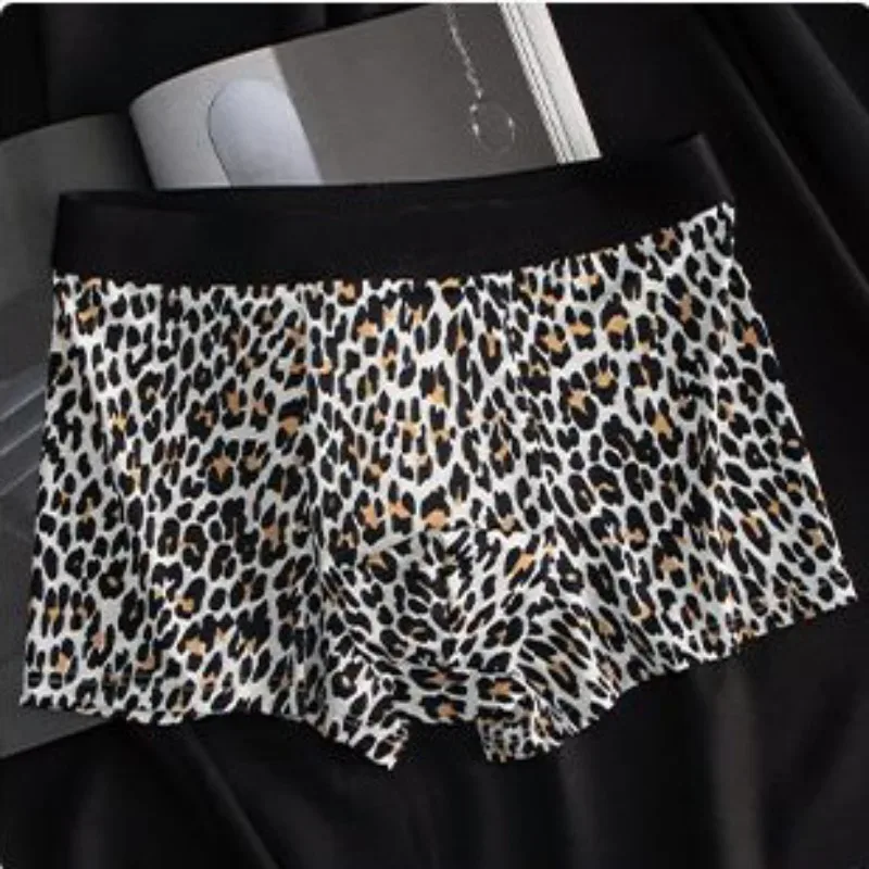 Mens Ice Silk Underwear Shorts Convex Pouch Flat Boxers Leopard Quick Dry Male Underpants Seamless Breathable Swimming Trunks