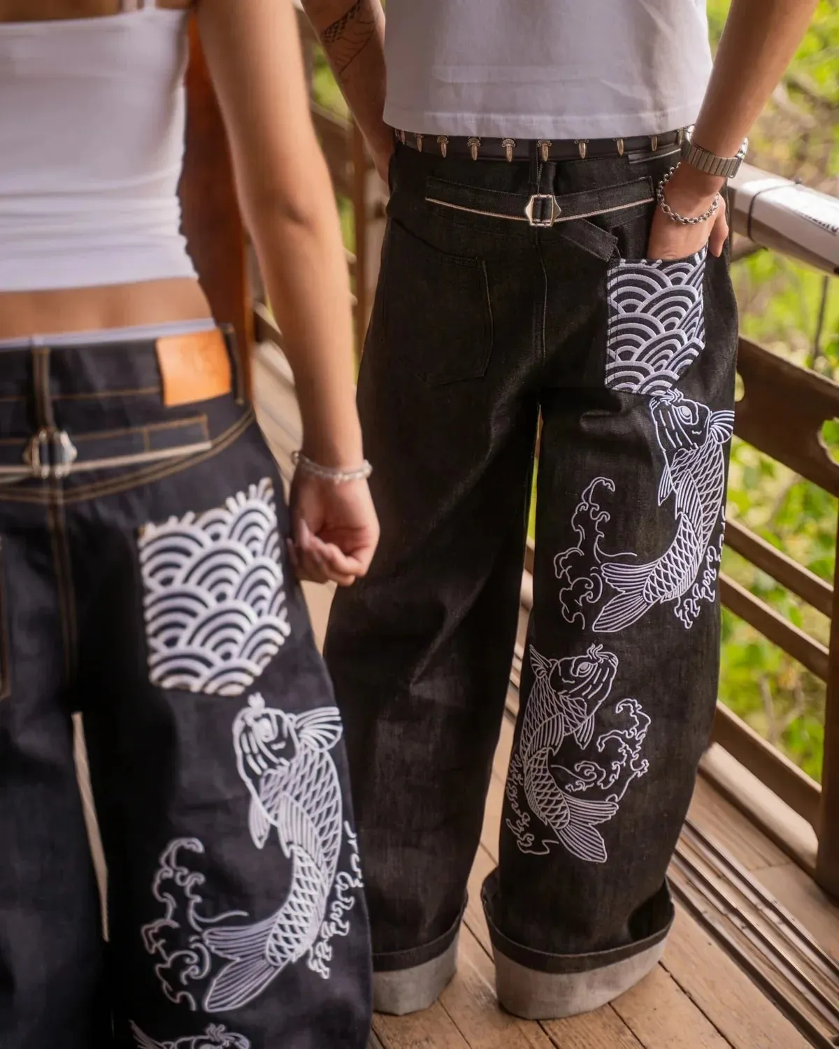 Men Japanese Koi Fish Embroidered Wide Leg Jeans Sukajan Baggy Denim Pants Loose Streetwear Hip Hop Casual Trousers For Male New