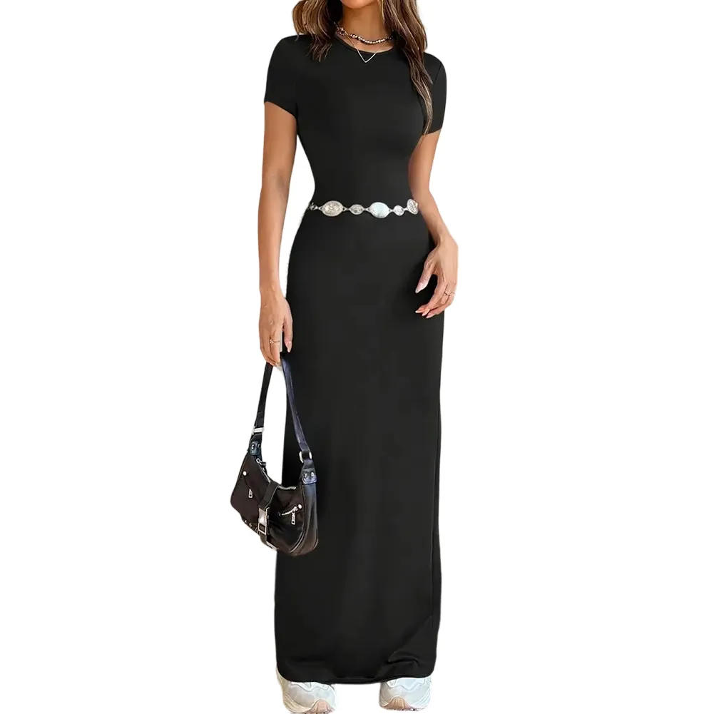 Women's Elastic Slim Fit Long T-shirt Dress Featuring Round Neck and Short Sleeves Suitable for Everyday and Special Occasions