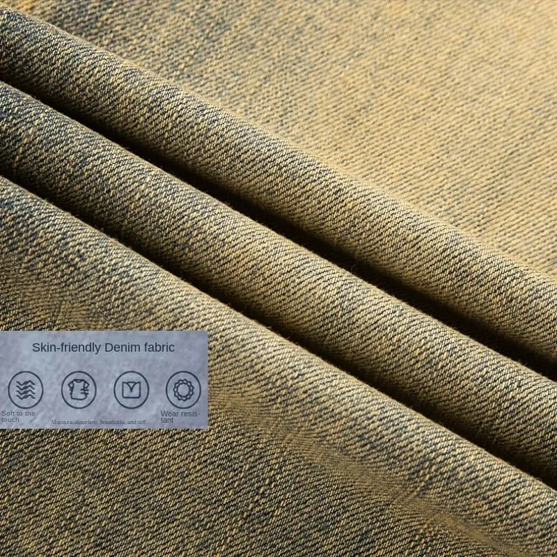 European Trendy Brand Yellow Mud Jeans Men's Retro Old Slim Fit Fashion Long Pants Autumn and Winter Thick Pants