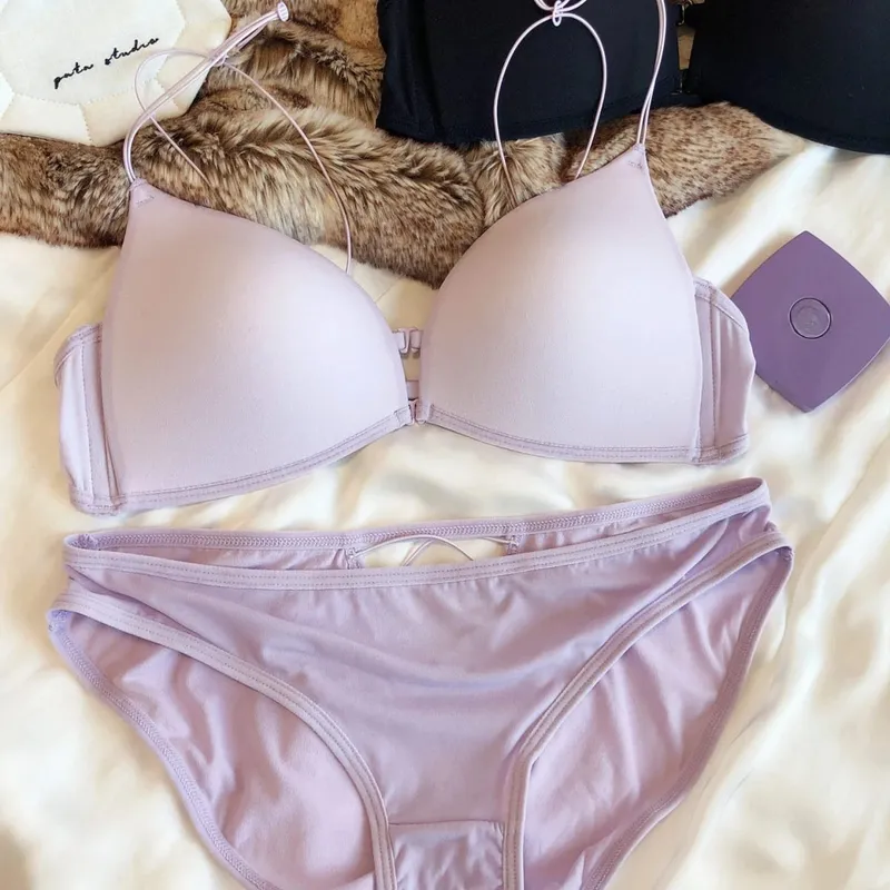 French Front Buckle Women Underwear Sexy Hollow Push Up Bra Set Summer Thin Cup Backless Bralette Fine Shoulder Strap Lingerie