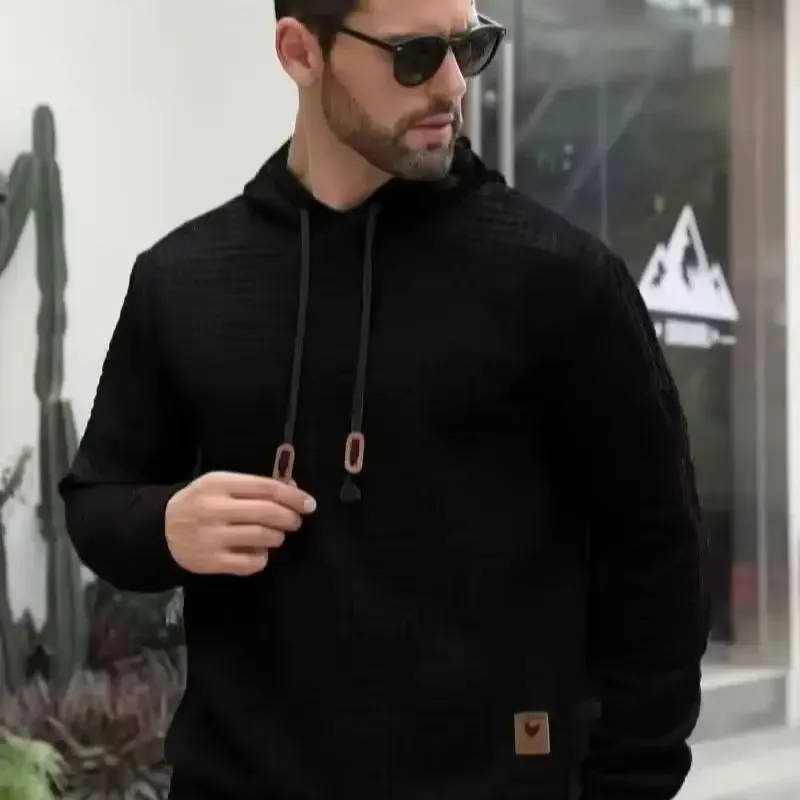 Men's Autumn Winter Jacquard Plaid Hoodie Long Sleeve Casual Pullover Fitness Running Sports Hooded Jacket Activewear Sweatshirt