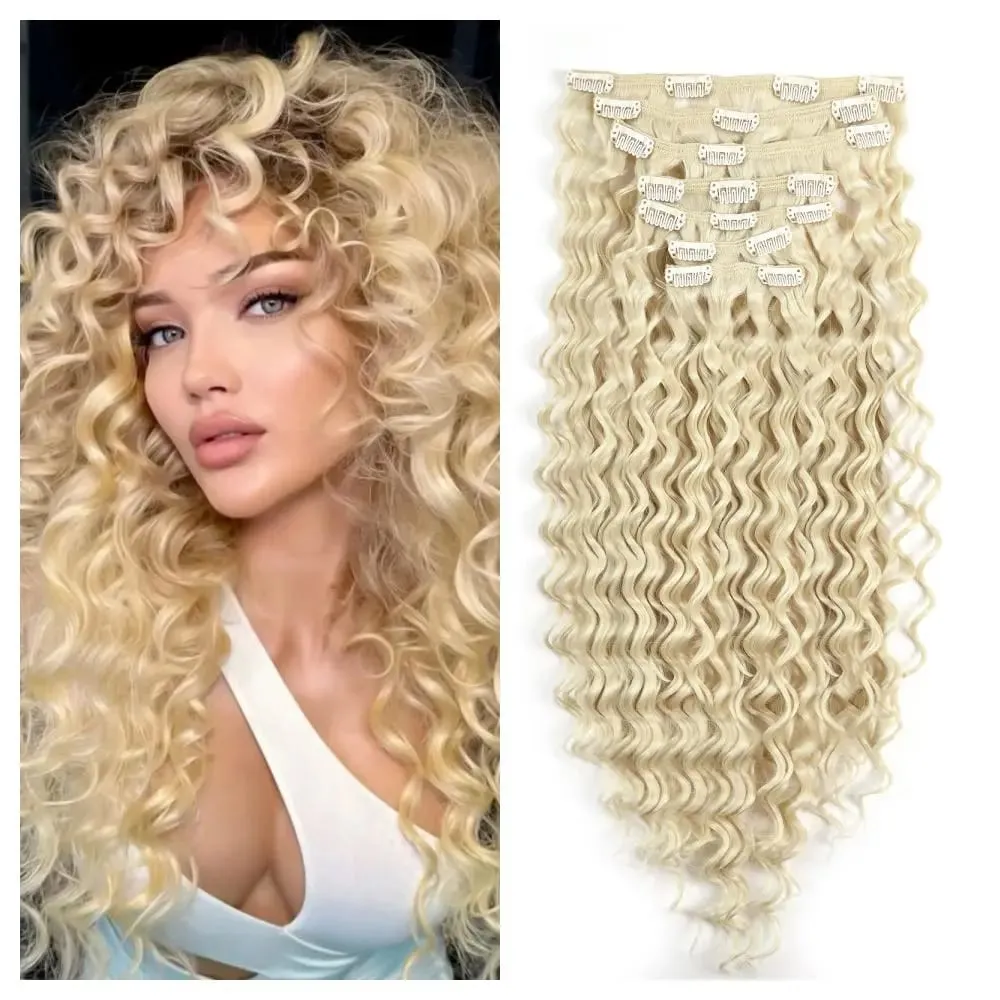 24Inch Synthetic Deep Wave Clip In Hair Extensions 7Pcs/Set 140g Fake Hair Full Head Hairpiece Curly Clip Ins Hair For Women