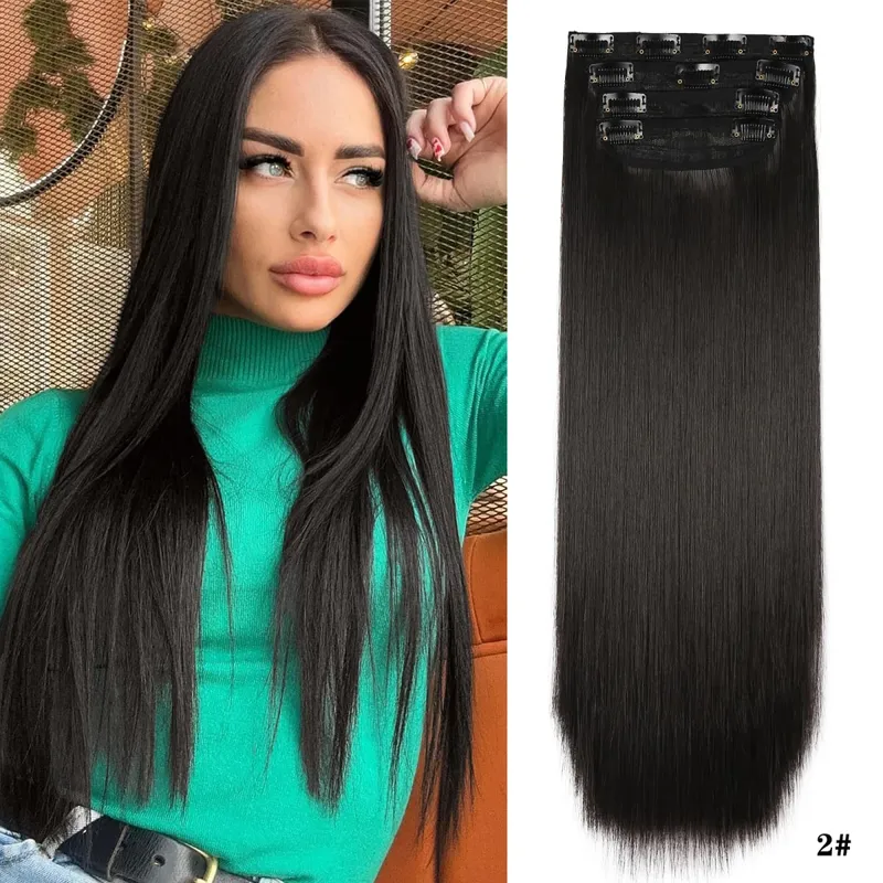 Clipe sintético longo ondulado feminino de alta temperatura, extensão de cabelo sintético, 4 peças, clipe longo, macio, ondas glam, grosso