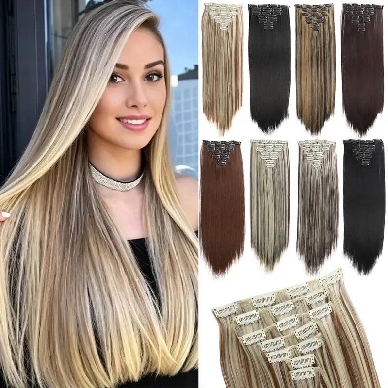 Synthetic 7-piece set with 16 card synthetic straight hair extensions suitable for women's daily party use