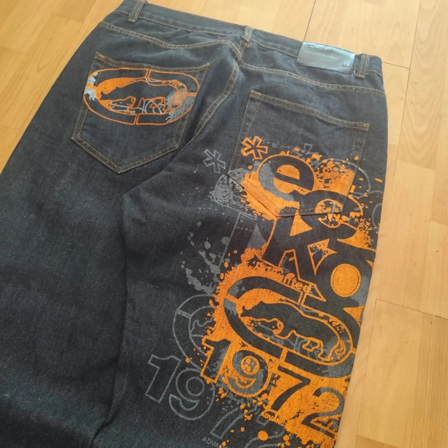 Y2K Vintage Baggy Jeans Men Orange Graffiti Print Wide Leg Skate Pants Retro 90s Hip Hop Streetwear Dark Denim Trousers