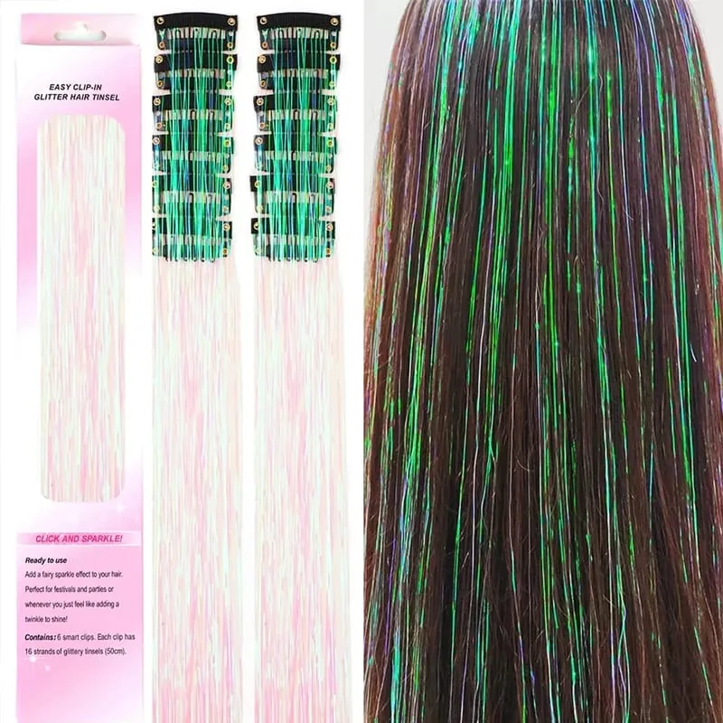 12pcs 20inch Tinsel Hair Extensions Wigs Colorful Shiny Artificial hair extensions Clip in Women Hairpieces for Daily Party Wear
