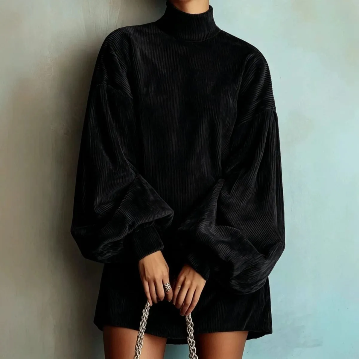 Women Corduroy Turtleneck Mini Dress Oversized Elegant Loose Lantern Sleeve Casual Dresses Autumn Winter Streetwear Short Dress — image 3