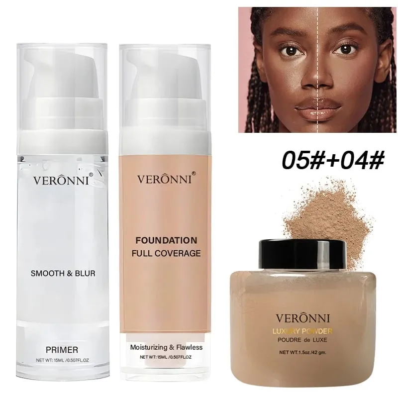 3-Piece Beginner Face Makeup Kit-Matte Waterproof Foundation Hydrating Primer Oil-Control Loose Powder Full Coverage Concealer